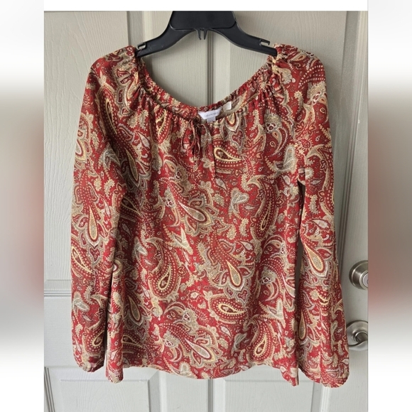 Zara Paisley Print Blouse Women Sz M Front Tie Cut Out Long Sleeve Lightweigh - Picture 4 of 9